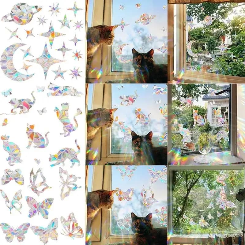 Adesivi per Finestre Acchiappasole, Creatore di Arcobaleni Fai-da-Te, Decorazioni con Gatti, Uccelli, Luna e Sole per Vetri di Casa