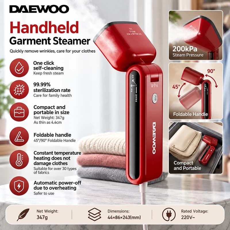 Daewoo Hi-035 Handheld Garment Steamer Portable Travel Steamer Foldable 30S Preheating 2 In 1 Flat Hanging Steam Iron Clothes