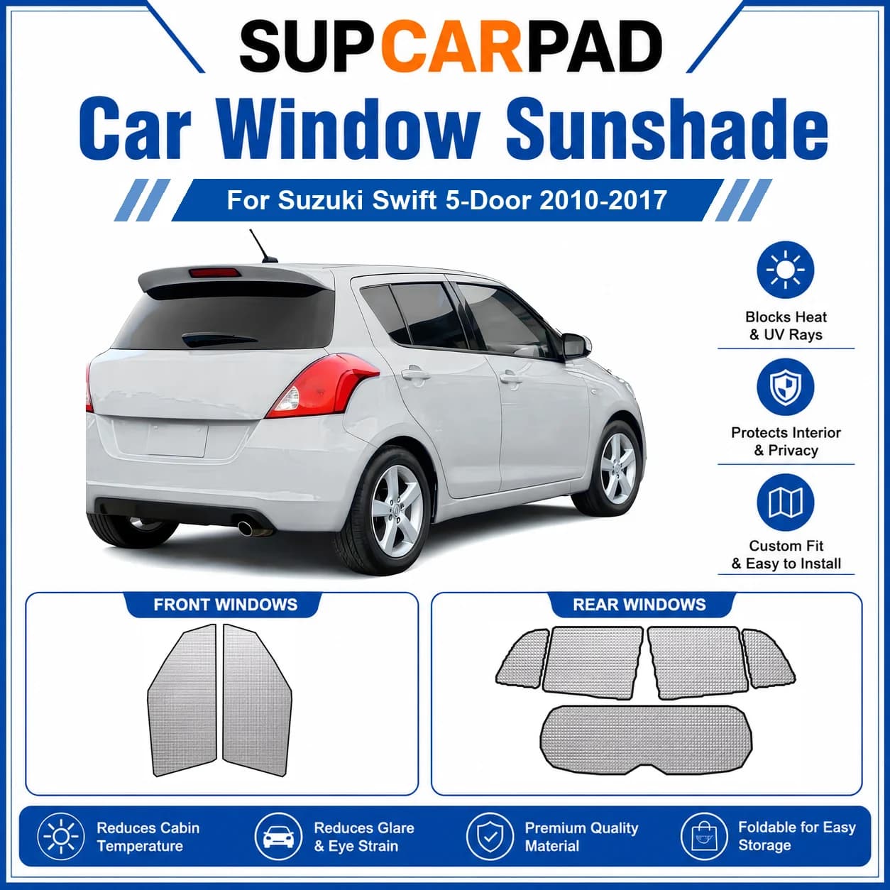 For Suzuki - Suzuki Swift 5-Door 2010-2017 Full Set Car Window Sunshades UV Block Privacy Heat Insulated Foldable Car Curtain