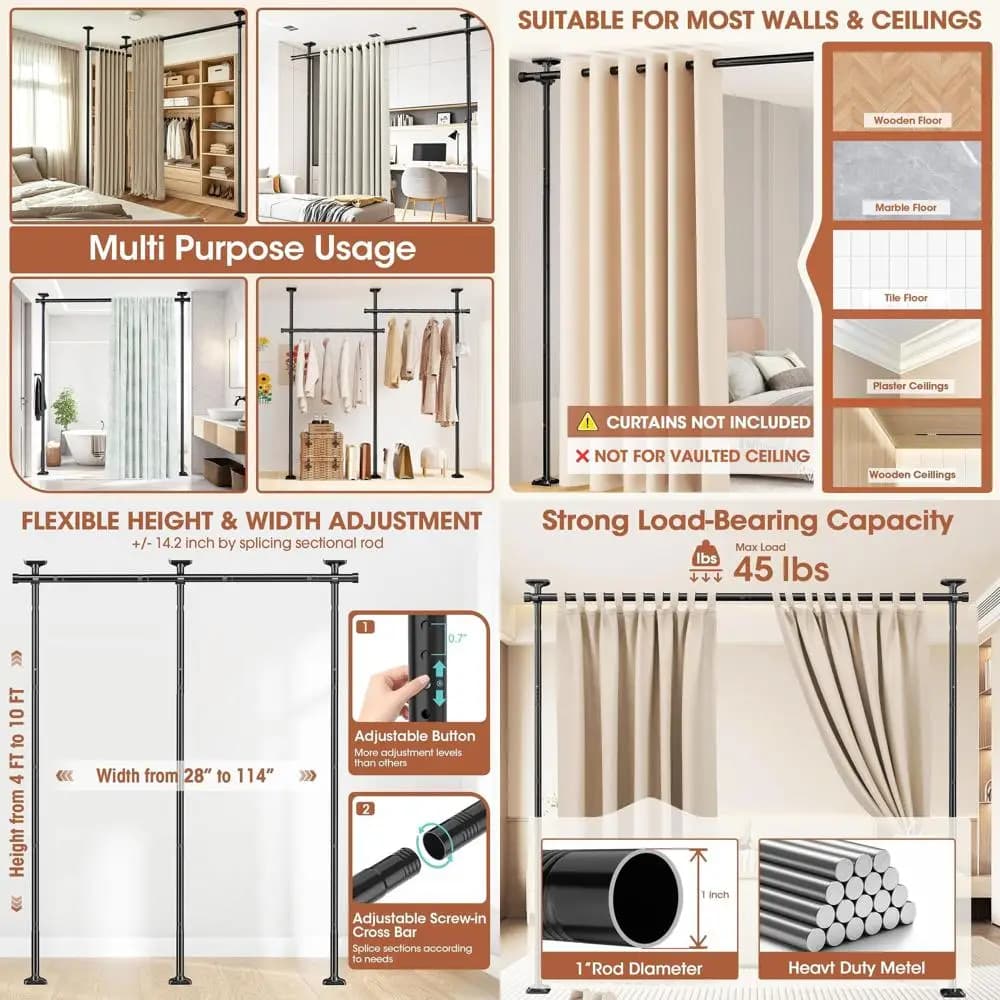 Drillless divider Wall divider for curtain for room separation, 4-10 feet (A) 28-114 inches (L) Adjustable and durable partition