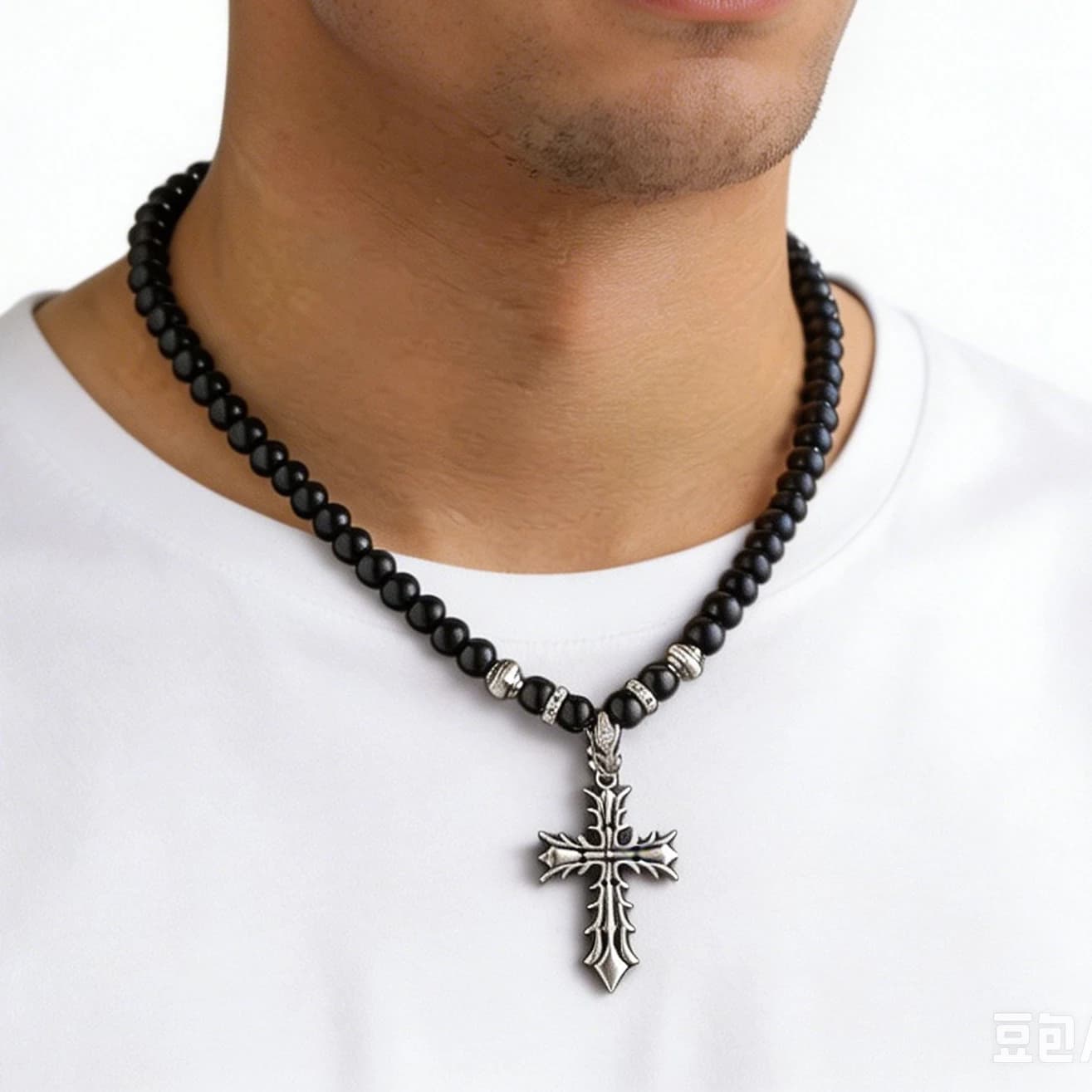 Cool Classic Black Round Bead Necklace with Intricate Charm Cross Pendant, Daily Wear Fashion Casual Jewelry for Men and Women