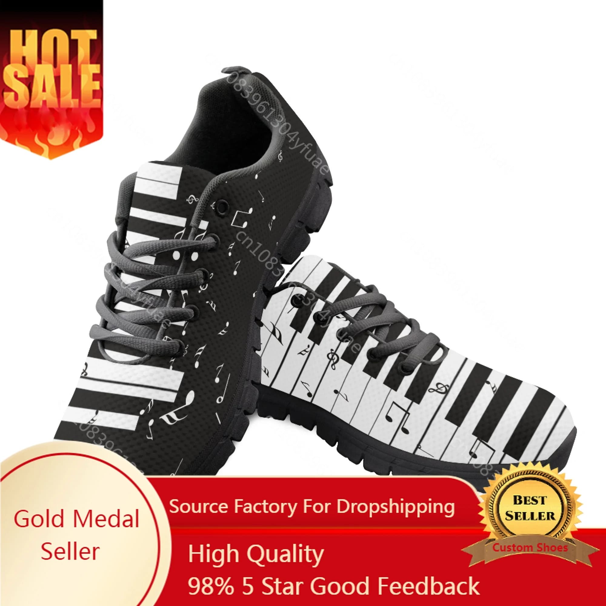 Yikeluo Sneakers altalena in rete con stampa di note musicali nere e pianoforte per donna Scarpe sportive morbide Scarpe da corsa Calzature casual
