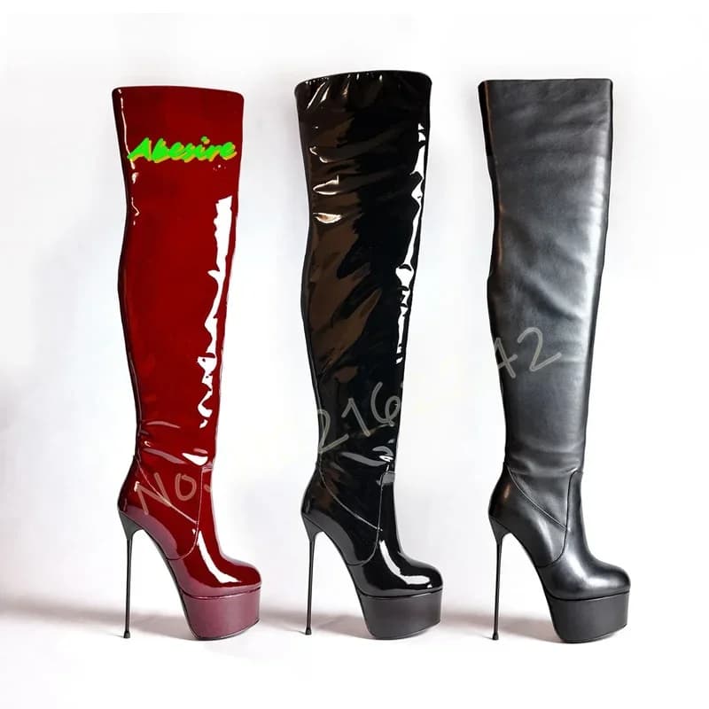 Stivali sopra il ginocchio con tacco super alto 12 cm Stivali da donna con plateau con cerniera laterale a testa tonda Stivali lunghi da festa sexy Donna Autunno