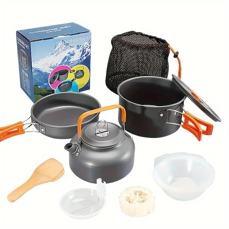 Set of ultralight, durable and portable aluminum alloy camping pots, with fast storage system, consisting of pot, pan, kettle and cutlery, ideal for hiking, trekking, picnic, barbecue.