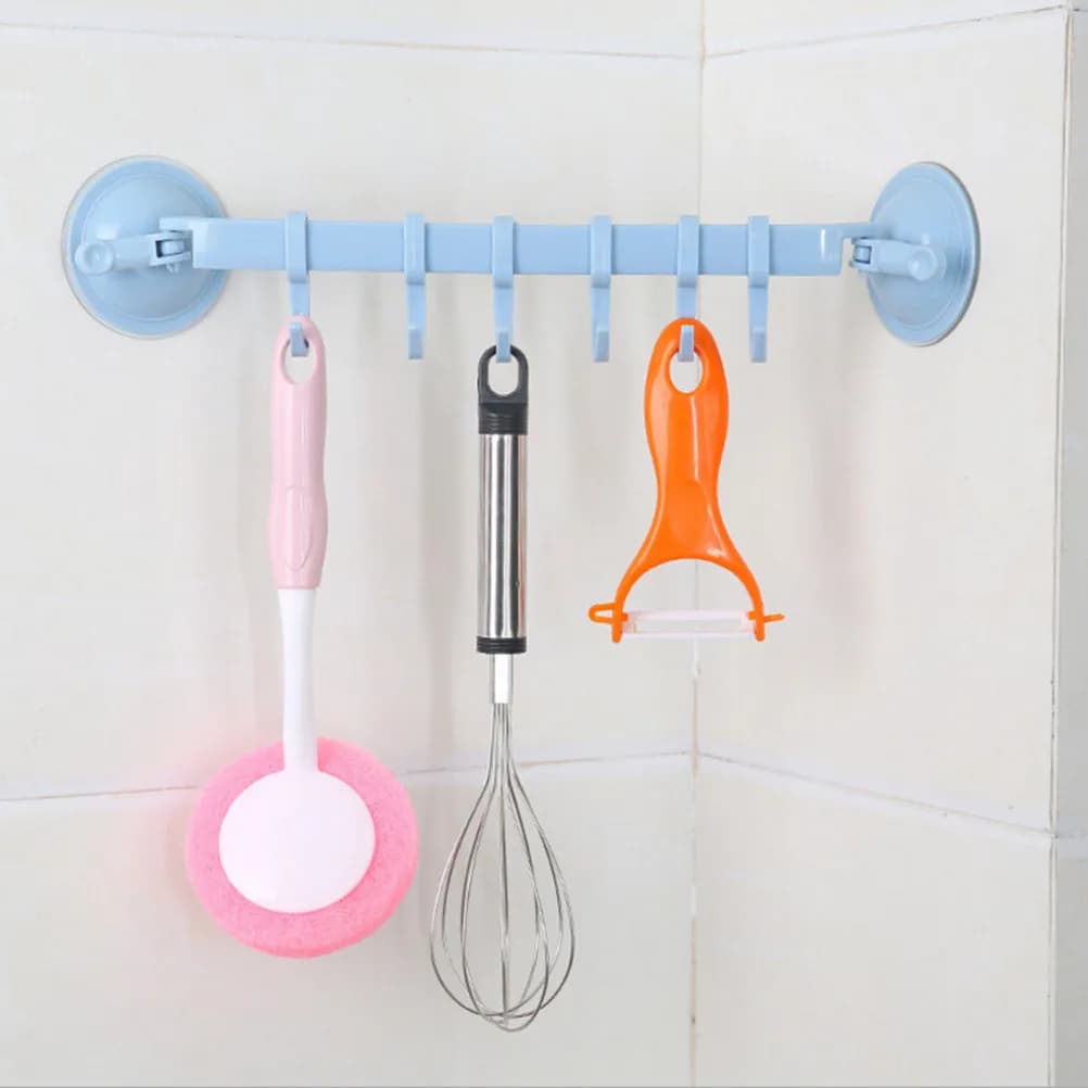 Supporto a 6 ganci a ventosa collegati, regolabile con blocco di sicurezza, per cucina, porta asciugamani da parete, mensole e ganci, con ventose a vuoto per superfici lisce