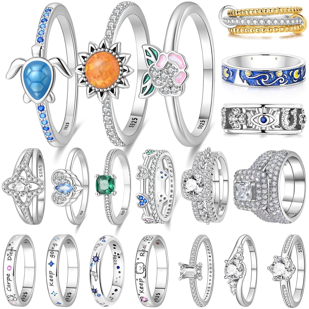 Anello Scintillante a Forma di Tartaruga in Argento Sterling 925, con Piuma, Iris e Cuore, Anello Largo per Donne, Regalo per Compleanno, Anniversario, Festa
