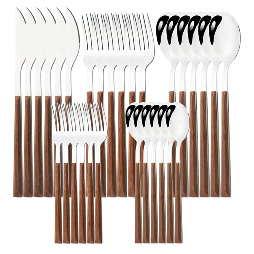 Set of cutlery with wooden handle imitation Set of dishes in western stainless steel 16/24/30 pieces kitchen knife fork spoon Set of crockery