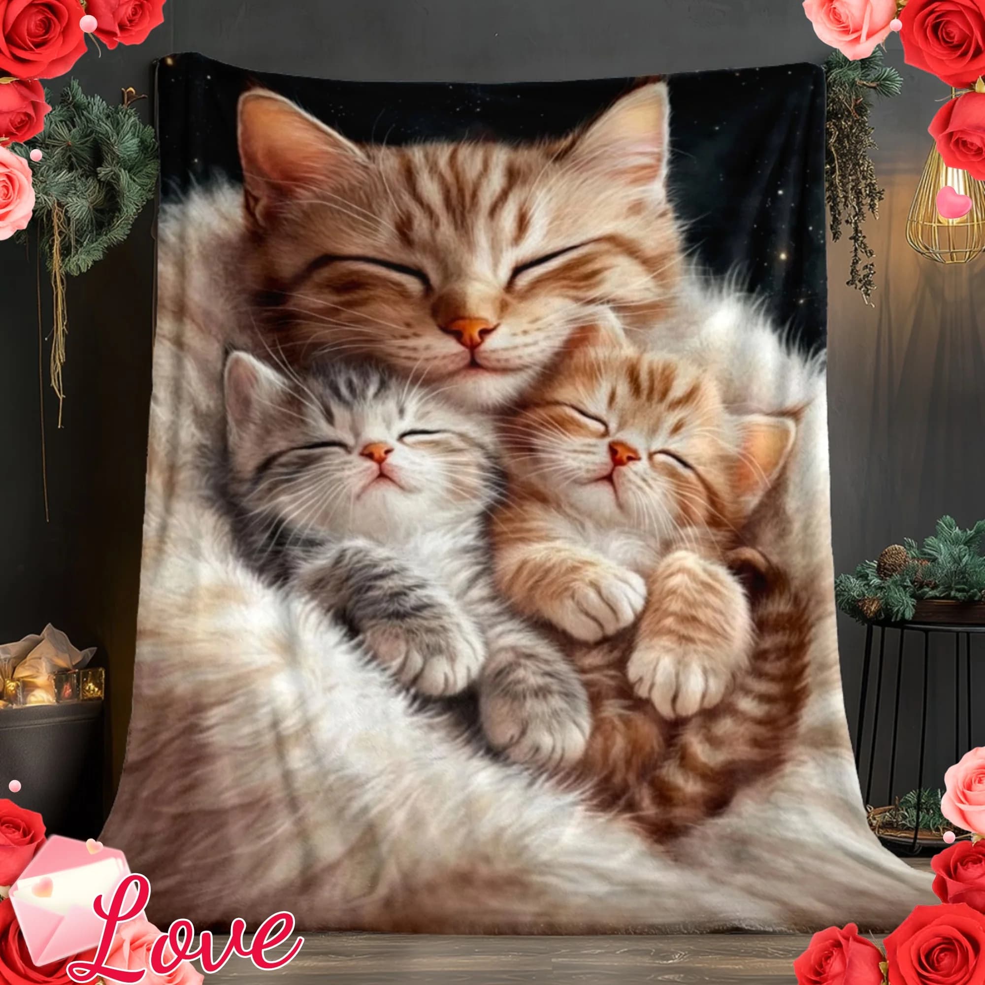 Adorable Tabby Cat Litter Flannel Blanket Sweet Sleeping Mother Cat & Baby Kittens Lightweight Throw Blanket for Indoor Camping