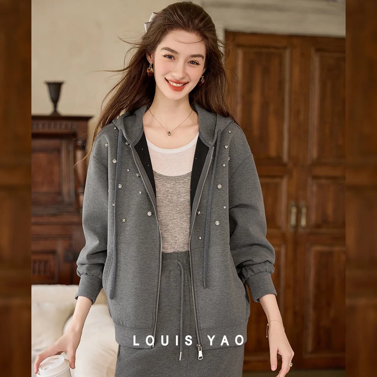 LOUIS YAO Hooded Knitted Cardigan 2025 Autumn Top Stylish and Elegant Loose Fit Nail Bead Decoration Women's Jacket