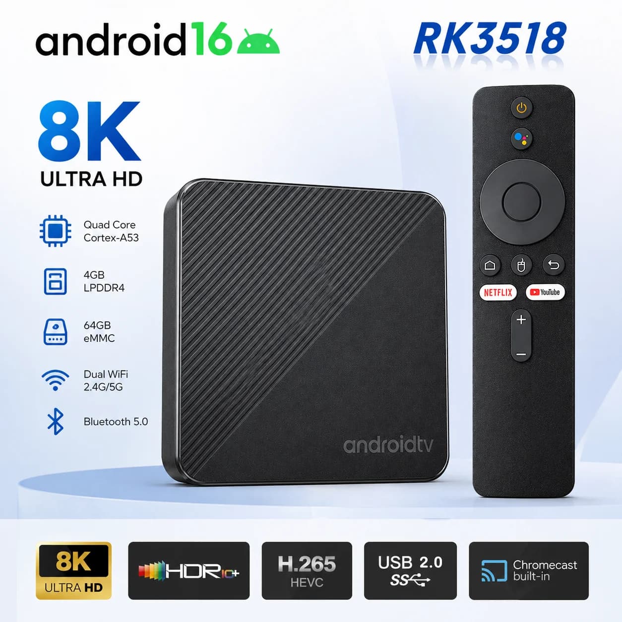 Box TV Android 16 RK3518 8K UHD, Lettore Multimediale Intelligente, WiFi Dual 2.4G/5G, BT 5.4, Set-Top Box, Lettore Streaming 4K per Home Theater