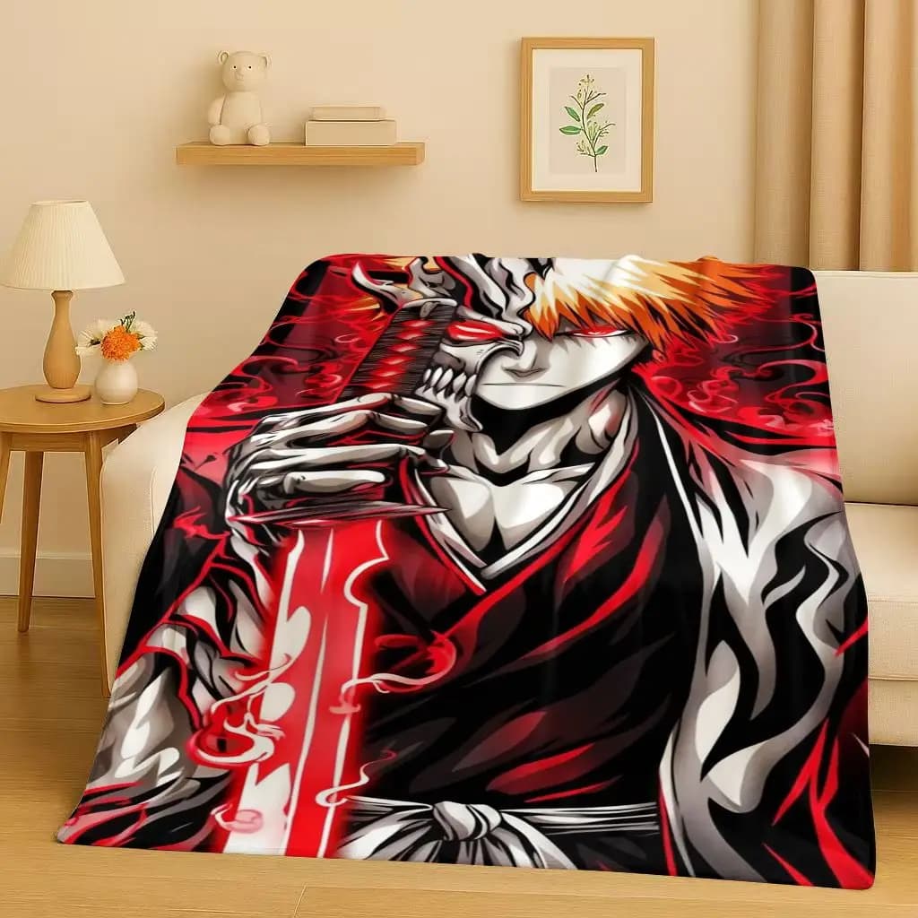 Anime Bleach Kurosaki Ichigo Coperta di flanella di cartone animato, peluche ultra morbido e caldo per la casa, camera da letto, divano letto, copertura, regalo per bambini da viaggio