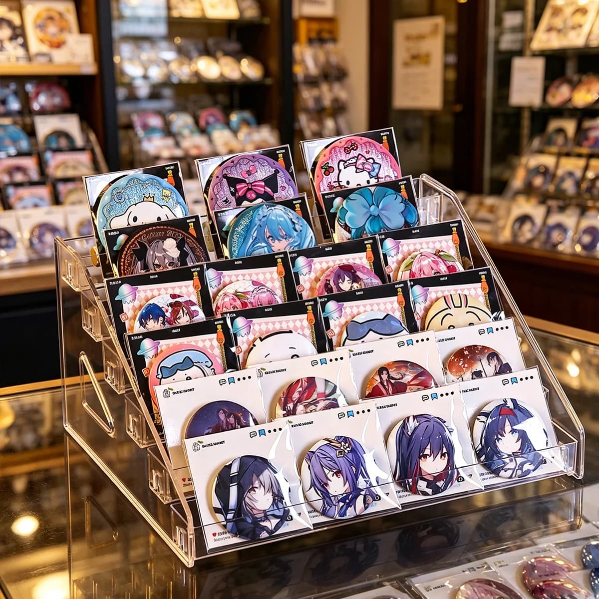 Espositore per badge in acrilico multistrato a gradini, trasparente, per gioielli, anime, orecchini e oggetti da collezione (1 pz)