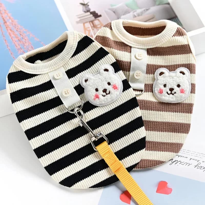 Vestiti per cani e gatti per animali domestici, gilet con griglia per waffle per la primavera/estate, maglietta a righe con guinzaglio per cani di piccola taglia, outfit estivo
