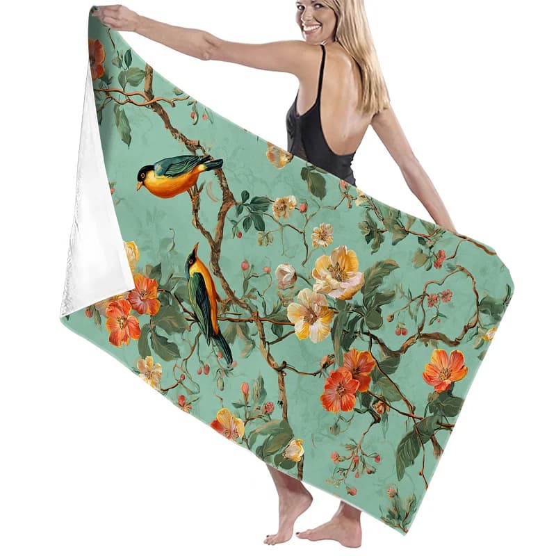 Telo Mare Vintage Floreale con Uccelli, Asciugatura Rapida, in Microfibra, Anti-Sabbia, Assorbente, Leggero per Estate, Piscina, Viaggi, Vacanze