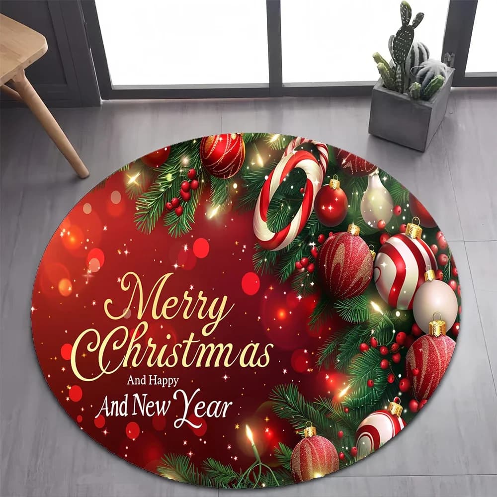 Classico tappeto rotondo natalizio Tappetino modello scatola di Babbo Natale Ornamenti per tappeti Decorazione morbida per la casa per l'arredamento del soggiorno delle feste