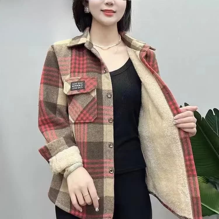 Thickened Fleece Flannel Plaid Women's Shirt Autumn Winter Casual Loose All-Match Warm Outerwear Long Sleeve Collar