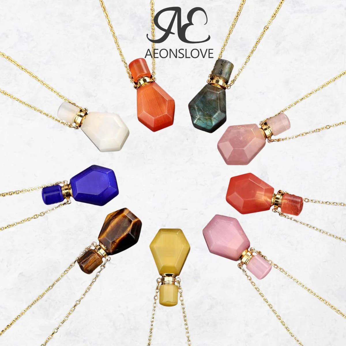 Necklace with Natural Stone Perfume Bottle Woman Man Healing Crystal Quartz Essential Oil Diffuser Pendant Flame Jewelry Multicolor