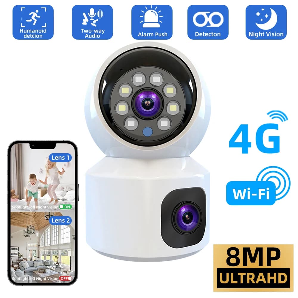 V380 Pro Dual Lens 8MP Telecamera wireless 4G SIM Home Smart Protection Telecamera interna CCTV wireless Audio bidirezionale