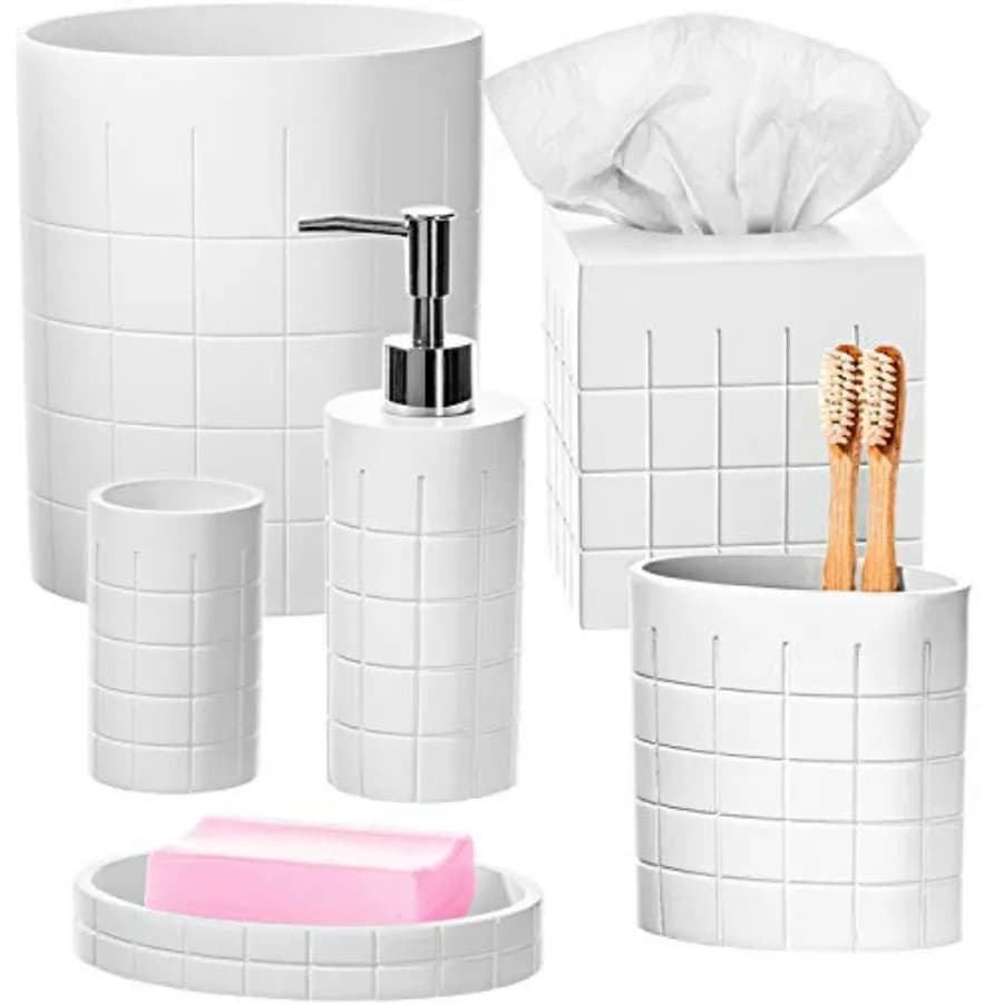 Set di Accessori per Bagno Creative Scents Polar White con Cestino - Set da 6 Pezzi con Cestino per Rifiuti e Porta Fazzoletti