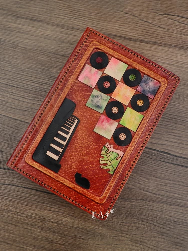 Piano Record Cat Genuine Leather Cover Handmade Notebook Cowhide Loose-leaf Diary A6 Planner Leather Journal