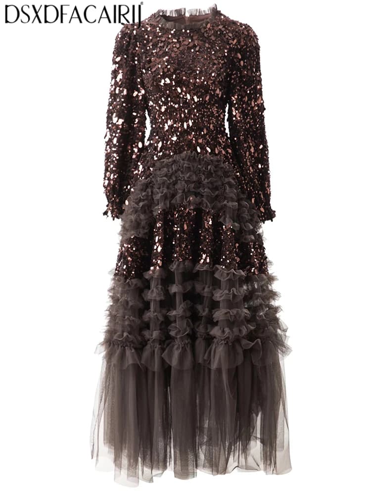 DSXDFACAIRIJ Solido vintage O-Collo Manica a lanterna Maglia Bordo a balze Paillettes Primavera Autunnale Grande pendolo Abito lungo