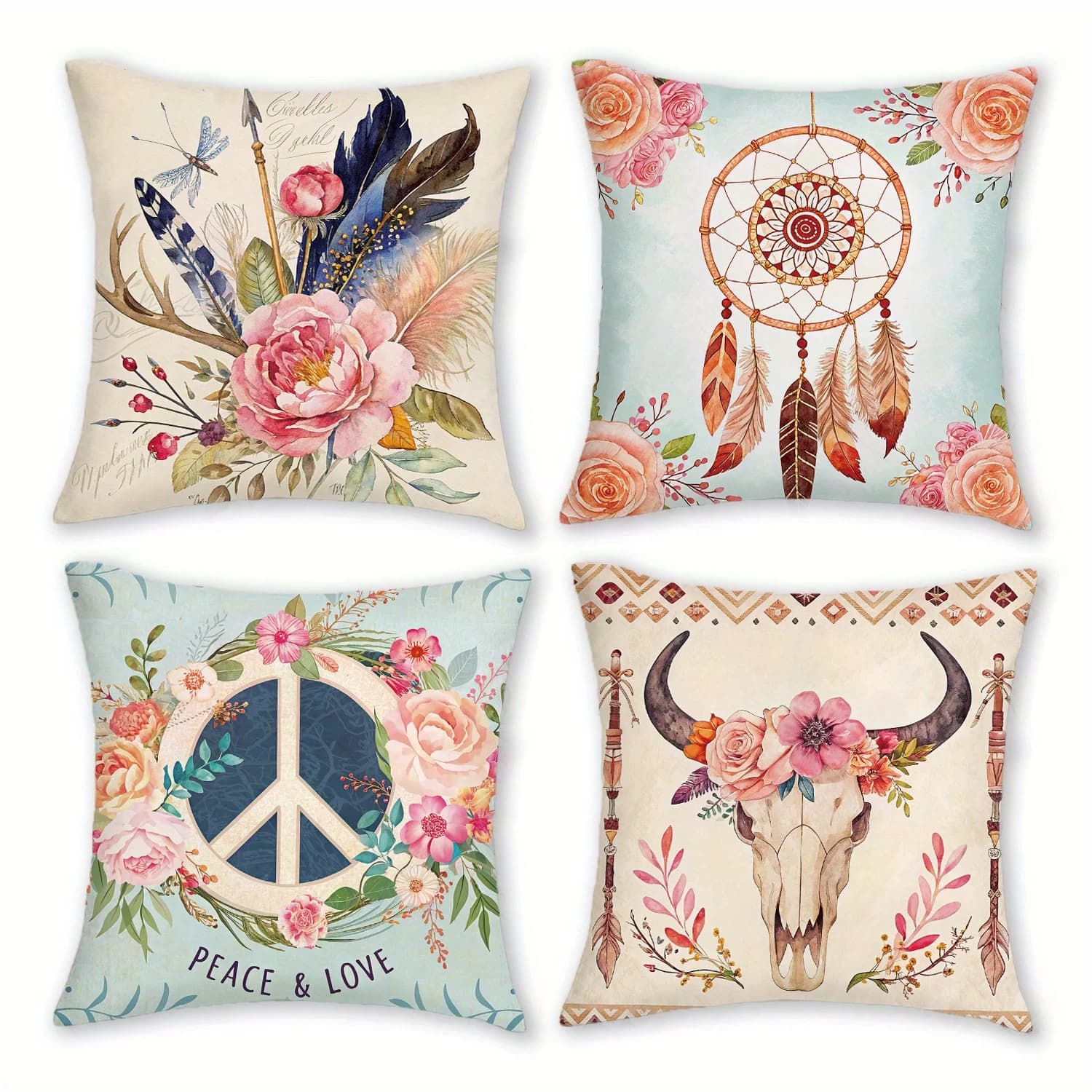 4 fodere per cuscini Boho Chic, 18 x 18 pollici, con teschi di animali, acchiappasogni, piume e frecce - morbido peluche corto, Z