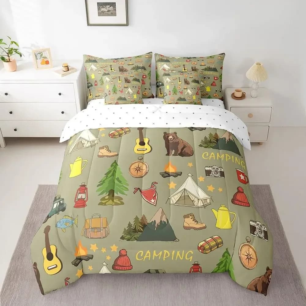 Set di biancheria da letto per campeggio a tema orso della foresta per letto matrimoniale, piumino 7 pezzi per ragazzi e ragazze, Woodland Arrow Cabin Roo