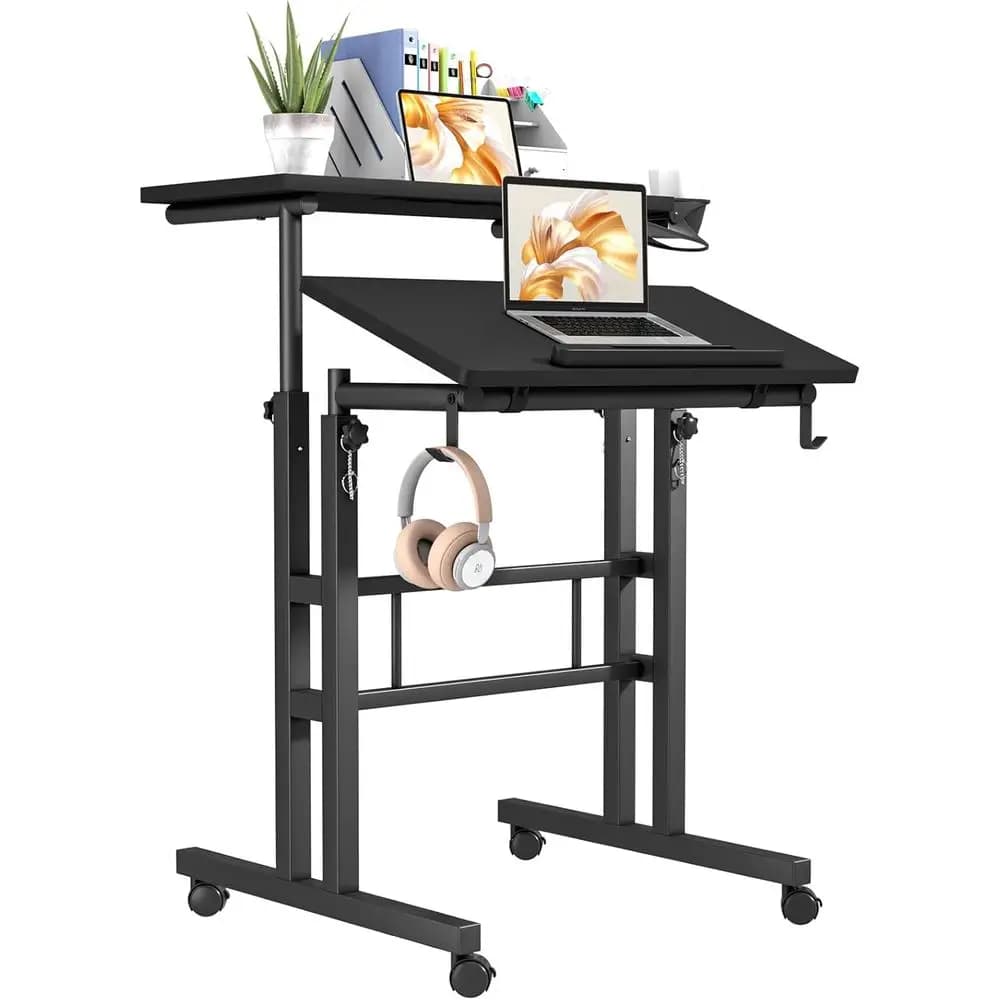 Scrivania per laptop regolabile con portabicchieri e gancio, scrivania portatile con ruote per ufficio domestico, postazione di lavoro in piedi/seduta, nera