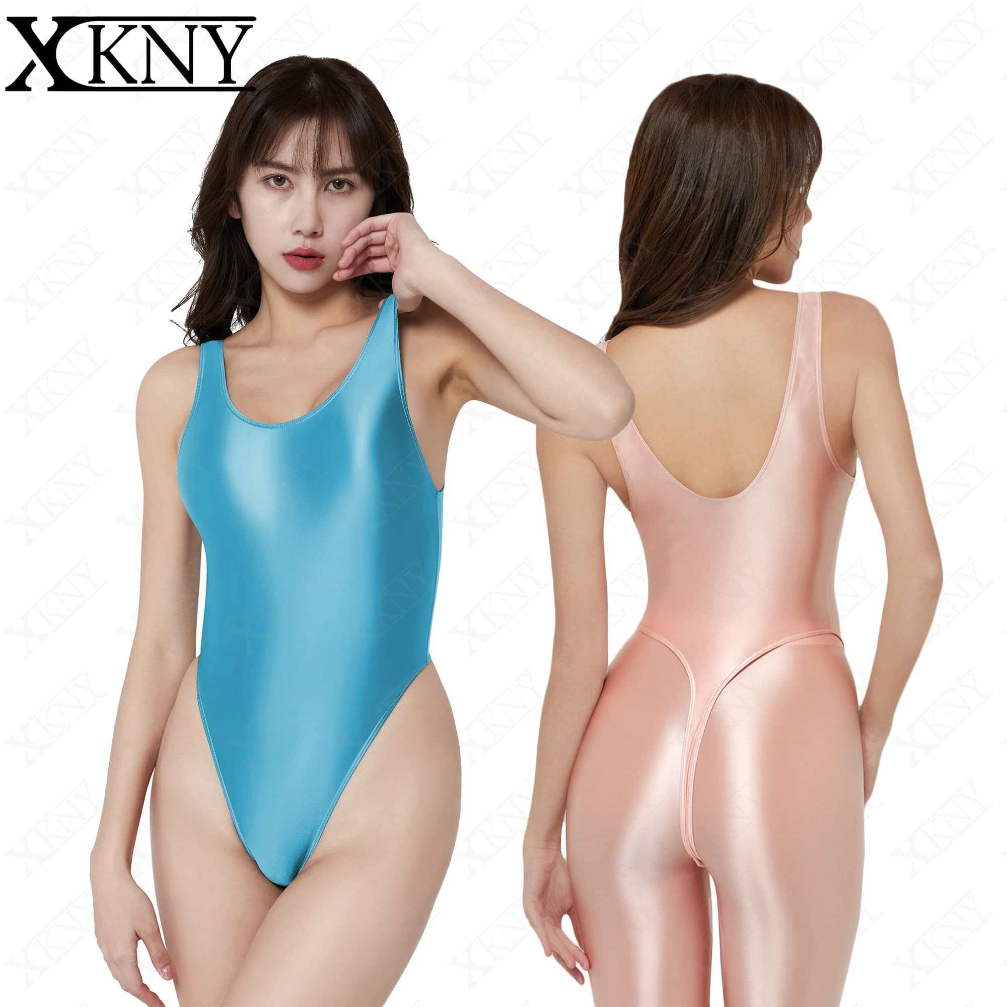 AMORESY Slim sexy swimsuit women's shiny tight elastic silky fashion T-shape swimsuit smooth XClocKNYoung satin glossy swimsuit