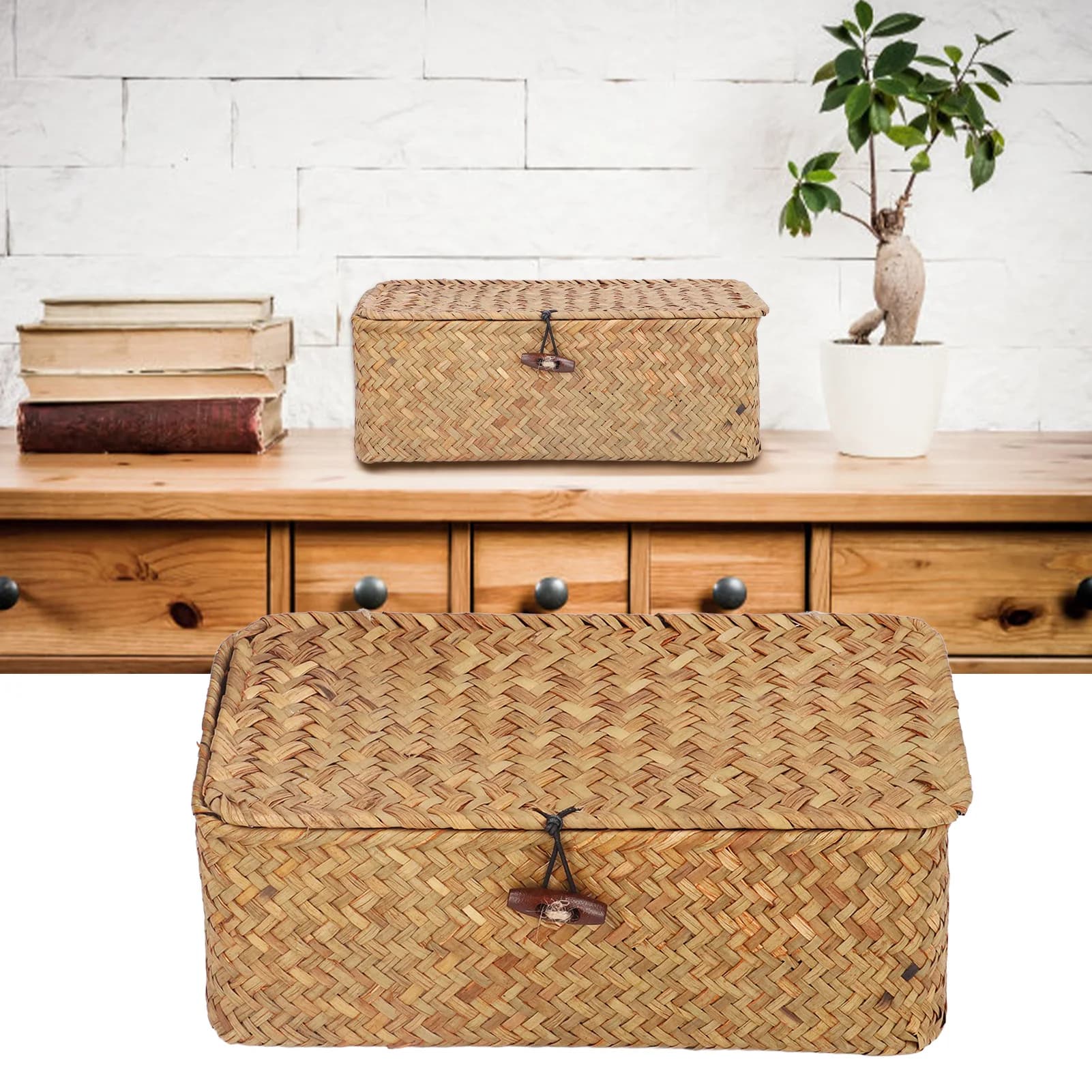 Woven Storage Box Natural Seagrass Storage Basket Rectangular Shelf Basket Bins With Lids Desktop Organizer Household Items