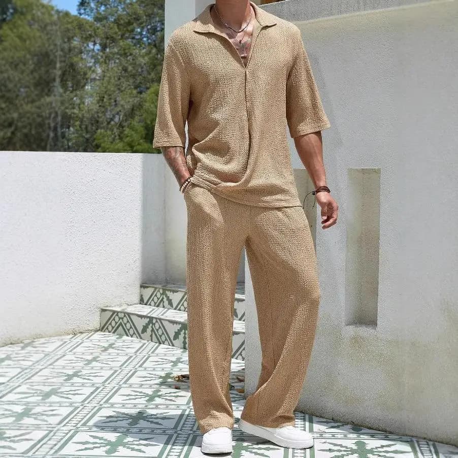 Men's Fitted Knit Jacquard Shirt And Pants Set for Spring Summer Short Sleeve Long Pants Casual Sportswear Ensemble