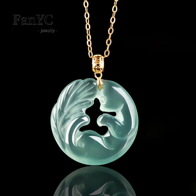Authentic Myanmar Jadeite Blue Water Nine-tailed Fox Pendant 18K Gold Ice Inlaid Luxury Exquisite Fashion Ladies Pendant Gift