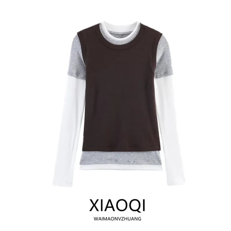 Slim Fit Long Sleeve round Neck T-Shirt New Arrival Winter 2025 Women's Fashion Three-Layer Effect T-Shirt 3641316