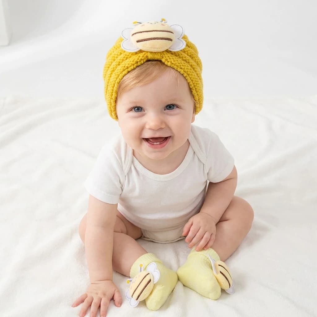 2Pcs/Set Baby Knitted Turban Hat and Socks Set Cute 3D Bee Cartoon Infant Toddler Winter Warm Beanie India Hat Newborn Gift