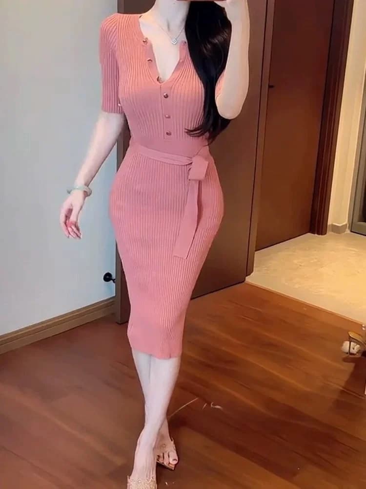 Abito Sexy in Maglia con Cintura, Nuovo Stile Estivo, Modellante e Versatile, Gonna Midi da Donna, Stile Francese, Manica Corta, Casual