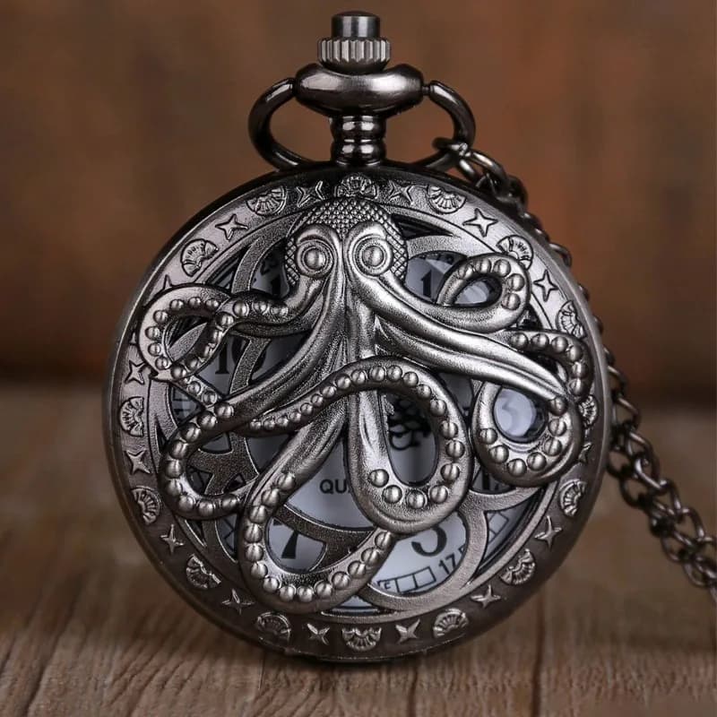 Orologio da tasca al quarzo con patta creativa vintage punk nera con polpo con collana a catena, regali per uomo reloj de bolsillo