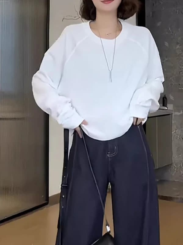 Casual Style Pure Cotton Long Sleeve Short Hoodie Women Spring Large Size Loose round Neck T-Shirt Top for plus Size Ladies