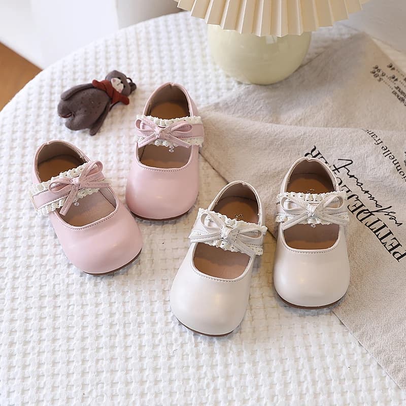 Scarpe in Pelle Opaca per Bambine, Stile Mary Jane con Decorazioni in Pizzo e Fiocco, Chiusura in Velcro, Calzature Casual Stile Principessa Lolita per Feste
