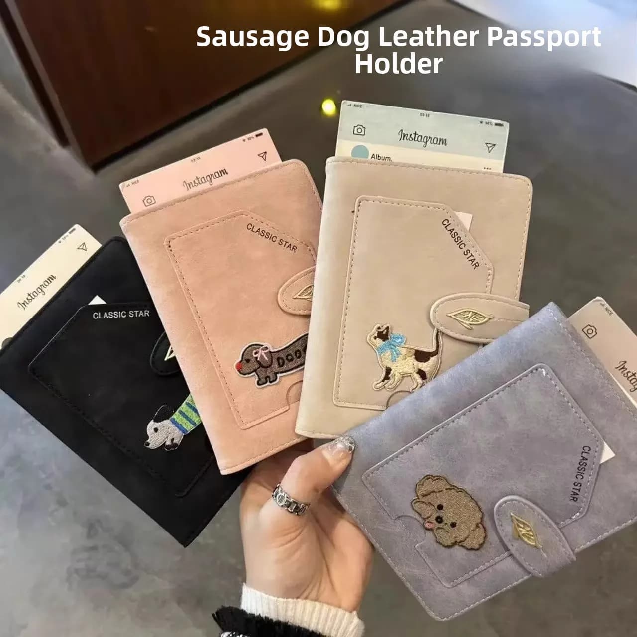 Porta Passaporto in Pelle con Simpatico Cane Bassotto, Antifurto, Multifunzionale, Custodia Protettiva per Documenti e Carte d'Imbarco