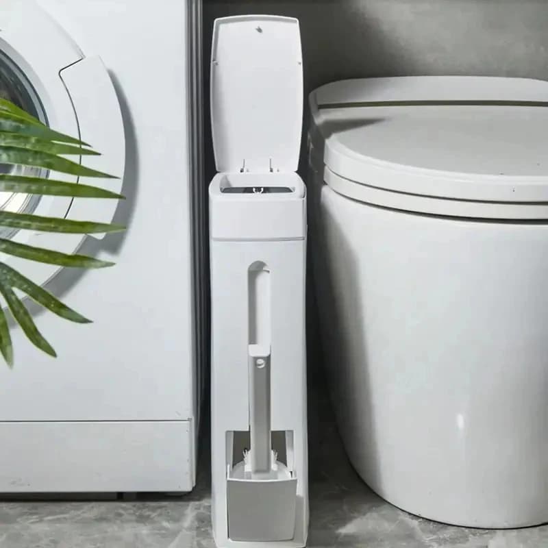 Narrow Bathroom Trash Can with Lid – 2-in-1 Toilet Brush Combo, 4.5L Slim Space-Saving Garbage Can, Odor-Proof Sealed PP Waste
