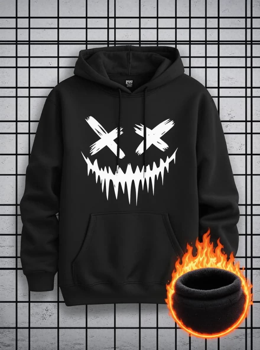 Felpa con cappuccio da uomo con grafica Smiling Face, coulisse, tasca a marsupio, autunno inverno