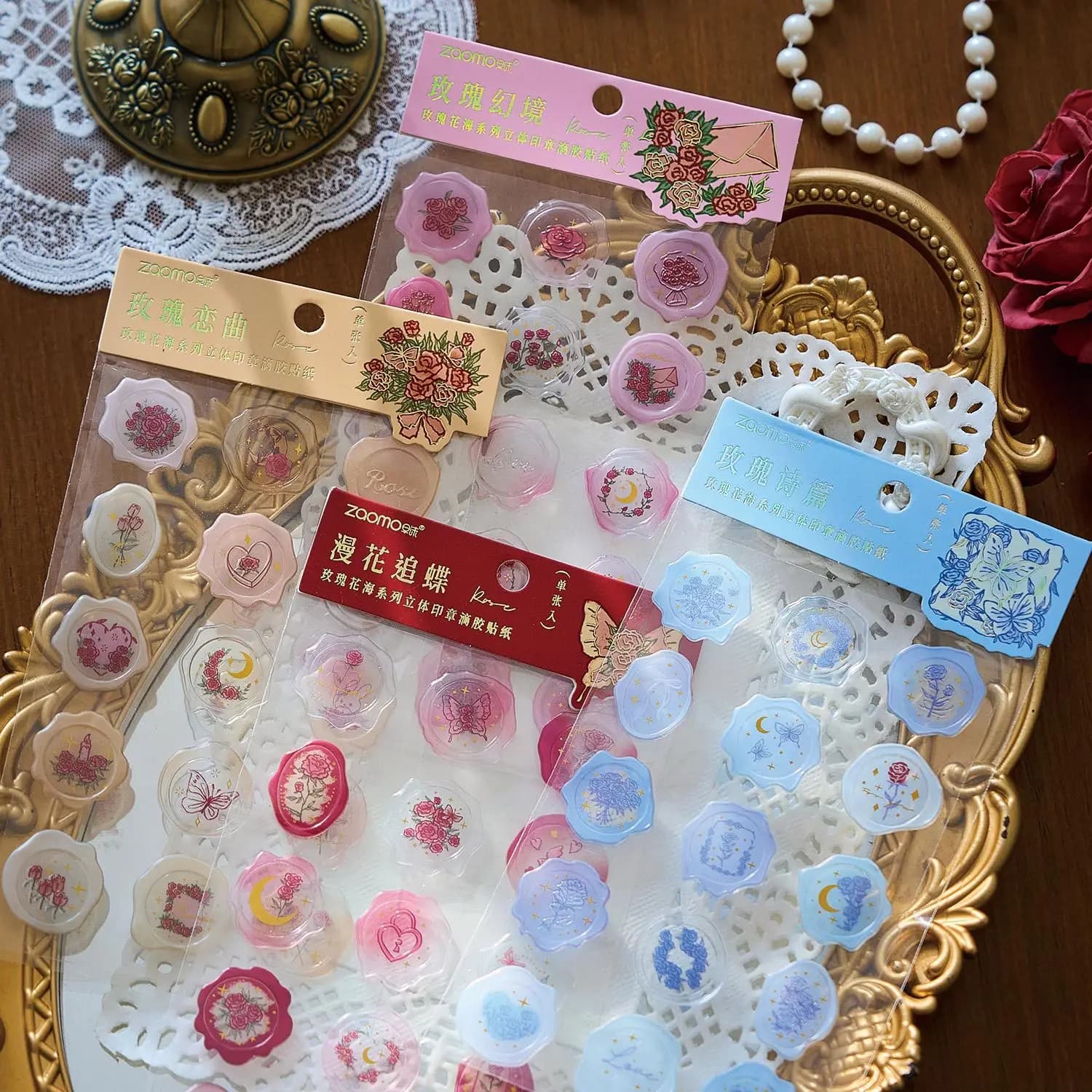 JCAC Flat Sheet Stickers, "Sea of Roses" Series, 3D Epoxy Wax Seal Stickers for Journal Envelope Sealing