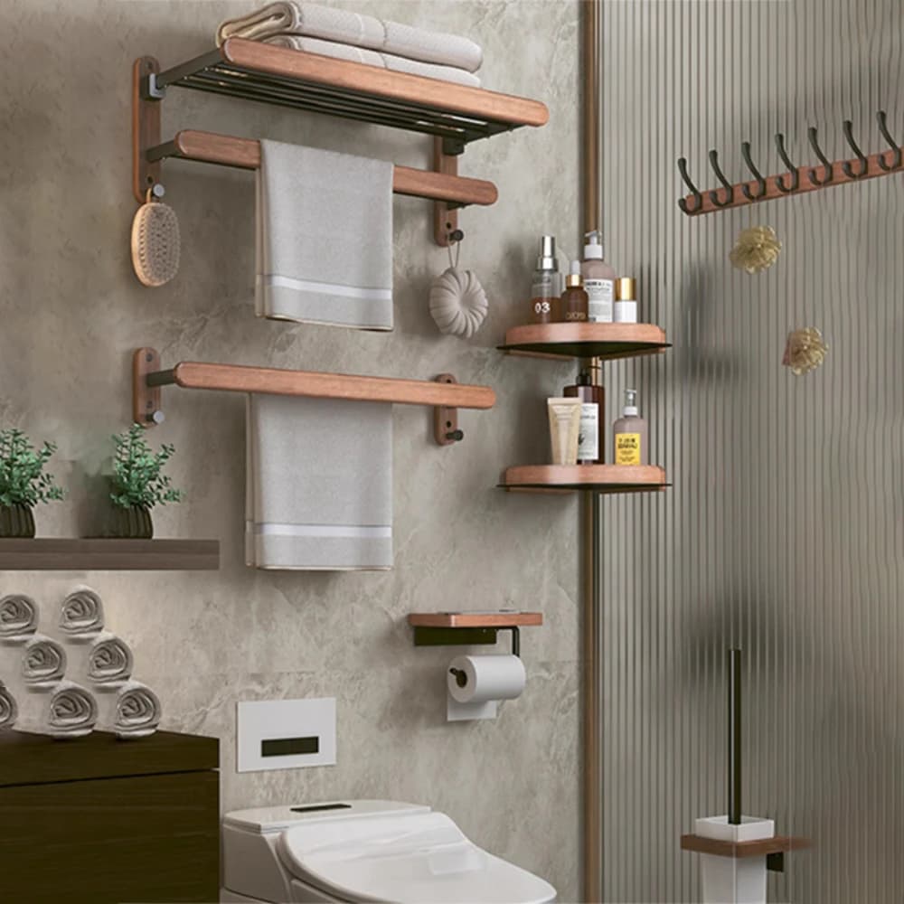Walnut Wood Black Bathroom Hardware Set Bathroom towel rack Towel Rack Toilet Paper Holder Towel Bar Shelf Bathroom Accessories