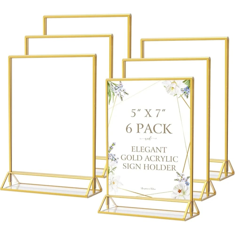 6 Pack 5x7 Gold Acrylic Sign Holders Double Sided Mini Frames Table Number Picture Photo Stands Clear Menu Flyer Stands for Wedd