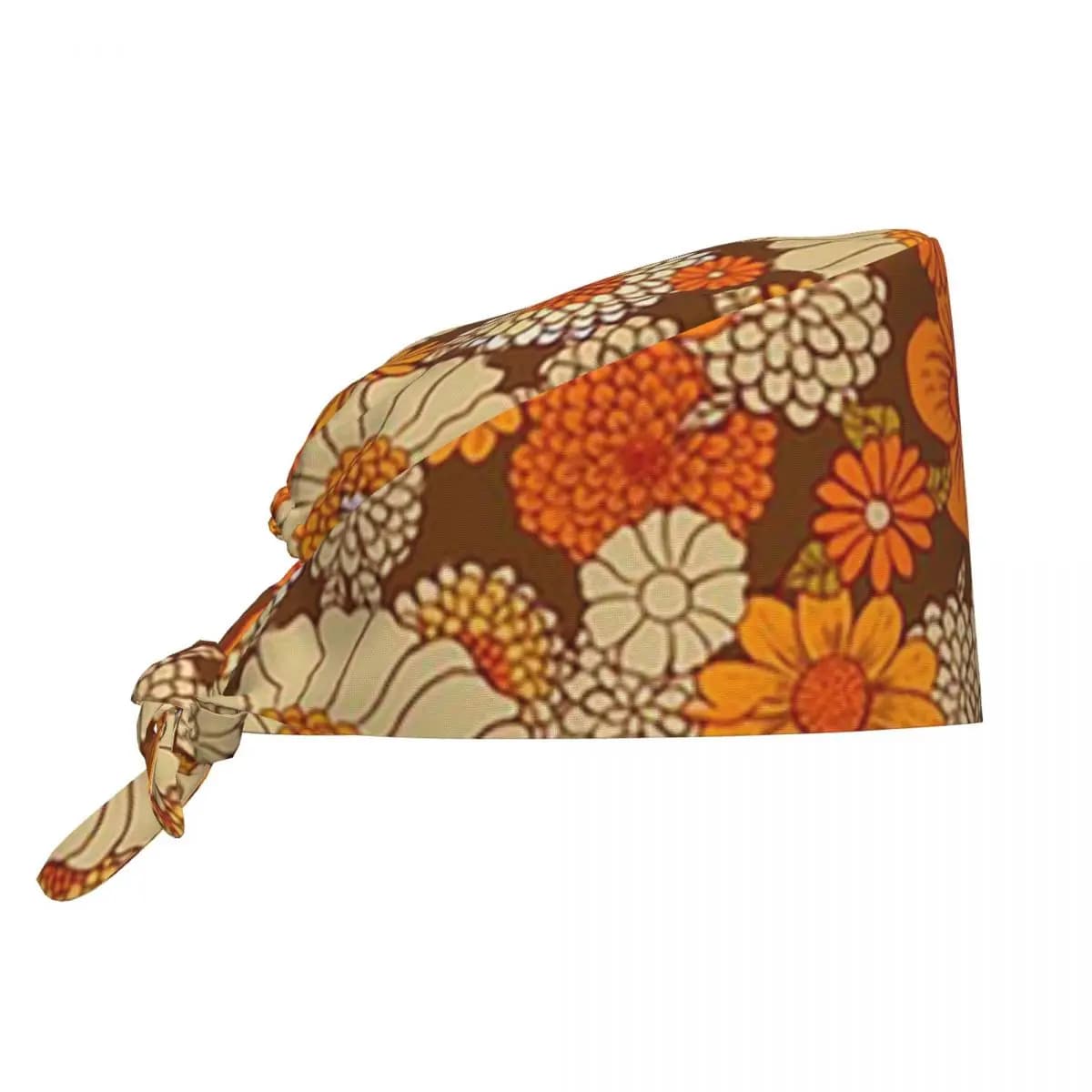 Anni '70 Retro Margherite Vintage Flower Power Arancione E Marrone Boho Scrub Cappello Dottore di Lavoro Berretto Chirurgico Berretti Infermieristici per Dentista