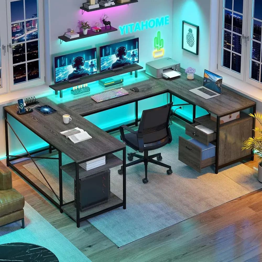 79 inch reversible L desk with power sockets and LED lights, computer desk with monitor support