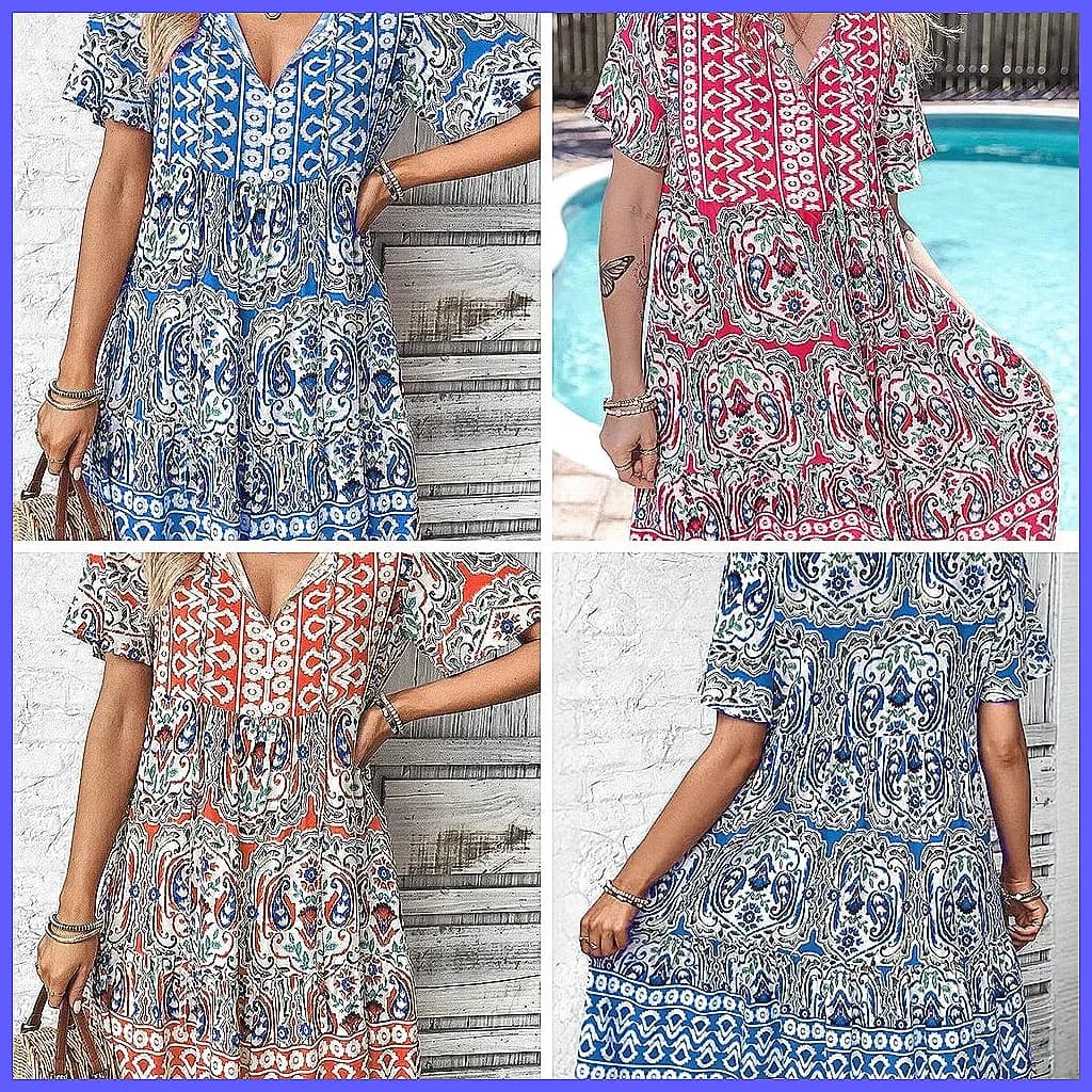 New Boho Sexy Dress with V Neckline in Pizzo 2025, Women's Summer Dress with Print and Sleeves Court for Holiday