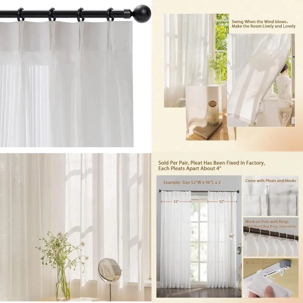 Semi-transparent window curtains with vertical stripes, 108 long, filter light, set of 2 panels, transparent curtains