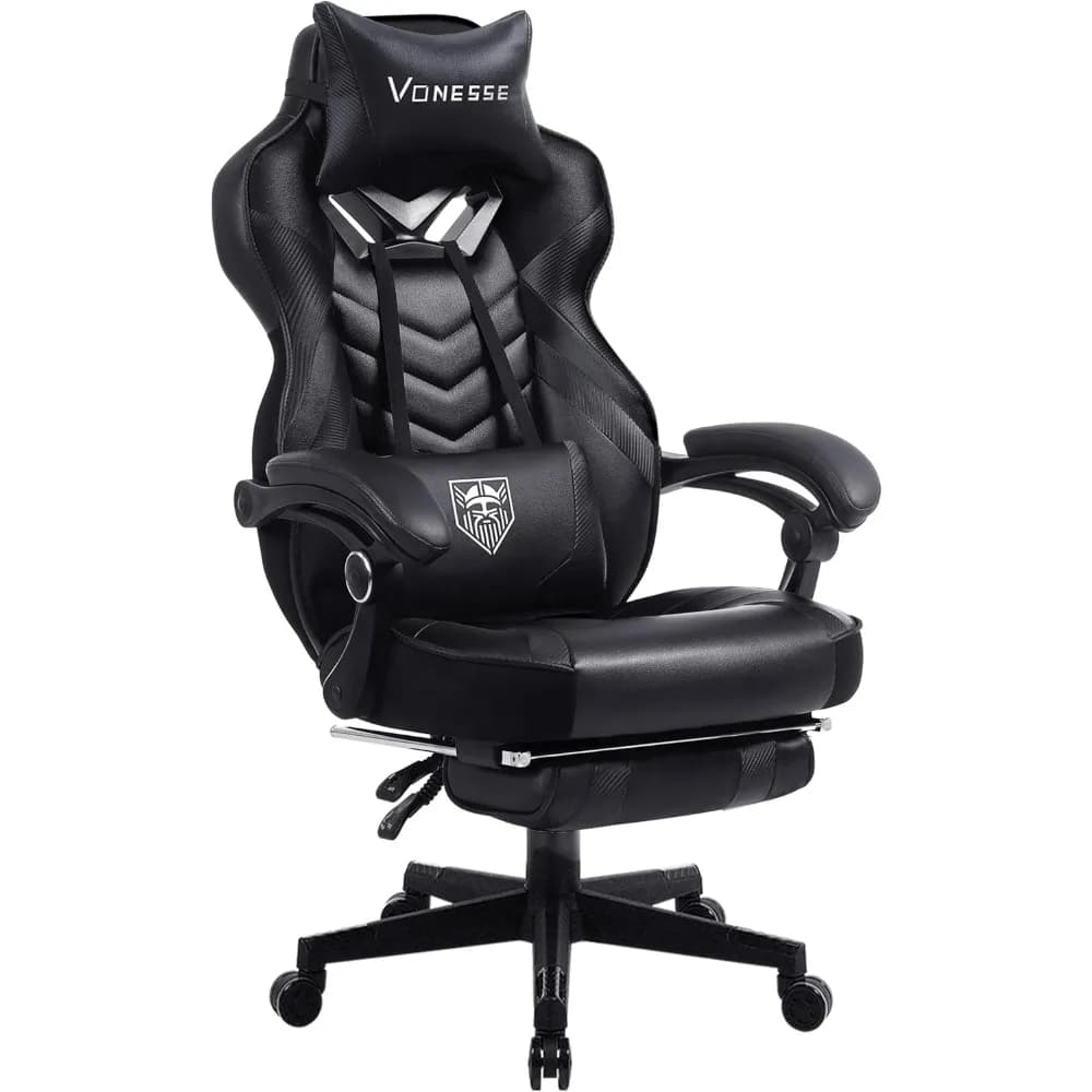 Sedia da gaming Vonesse, sedia da ufficio grande e alta con poggiapiedi e massaggio, sedie da gaming per adulti con supporto lombare, ergonomica
