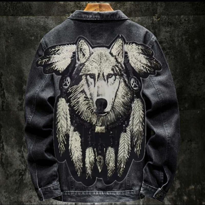 America Vintage Heavy Wolf Patch ricamata Giacca di jeans da uomo Hip Pop Punk Rivetto Giacche di jeans Streetwear Moda Cappotti blu da uomo